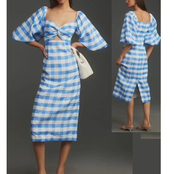 RHODE | Dresses | Nwt 498 Rhode Noa Linen Midi Dress With Blue White  Gingham Dress Size 6 | Poshmark